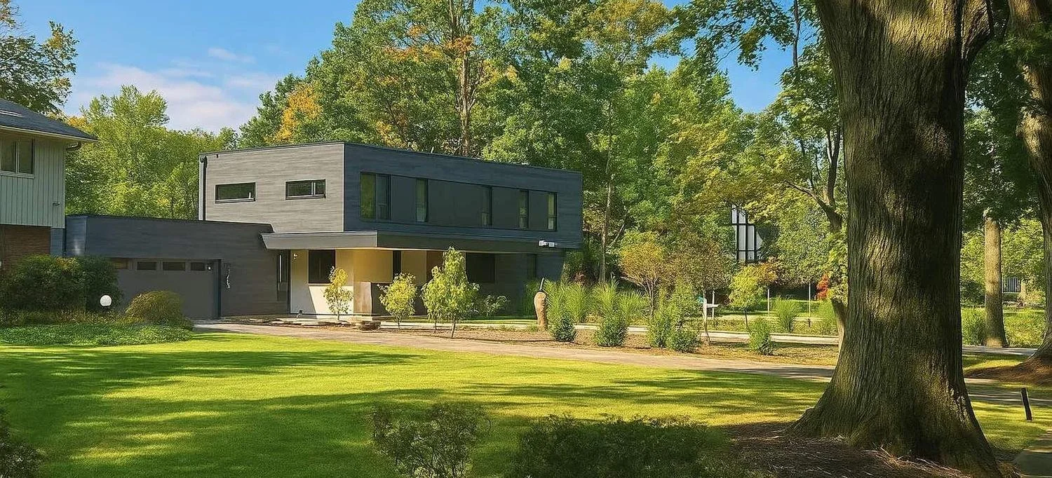 Modern Home in Cleveland seen from the street: a dark two-story house behind a mature oak, with a wide front lawn and native plantings