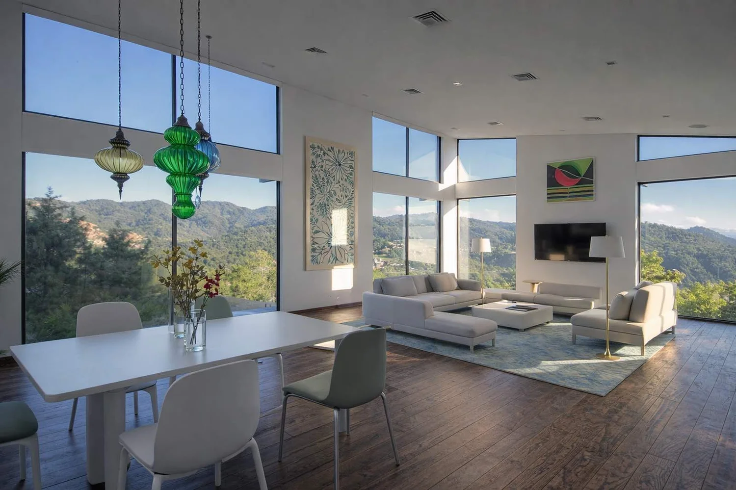 Living and dining with tall windows