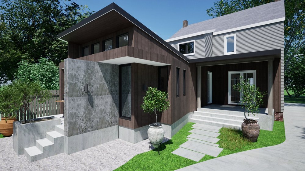 Design rendering of a contemporary bedroom addition with dark wood siding and a stone wall, entry side
