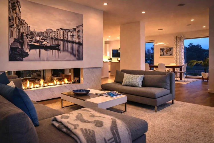Linear fireplace and sitting area