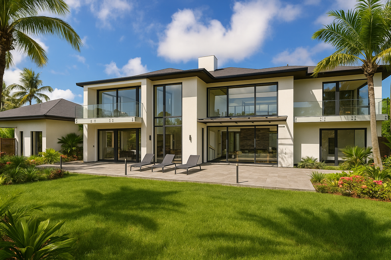 Modern white house with large glass windows and doors, surrounded by green grass, palm trees, and a blue sky with clouds.
