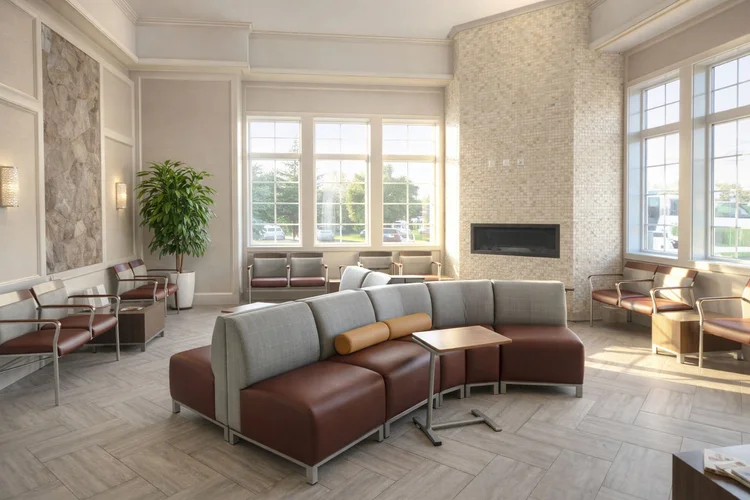 Waiting room with tall windows, a linear fireplace in a stone wall and soft lounge seating