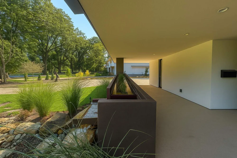 Corten steel rainwater basin at the Cleveland home