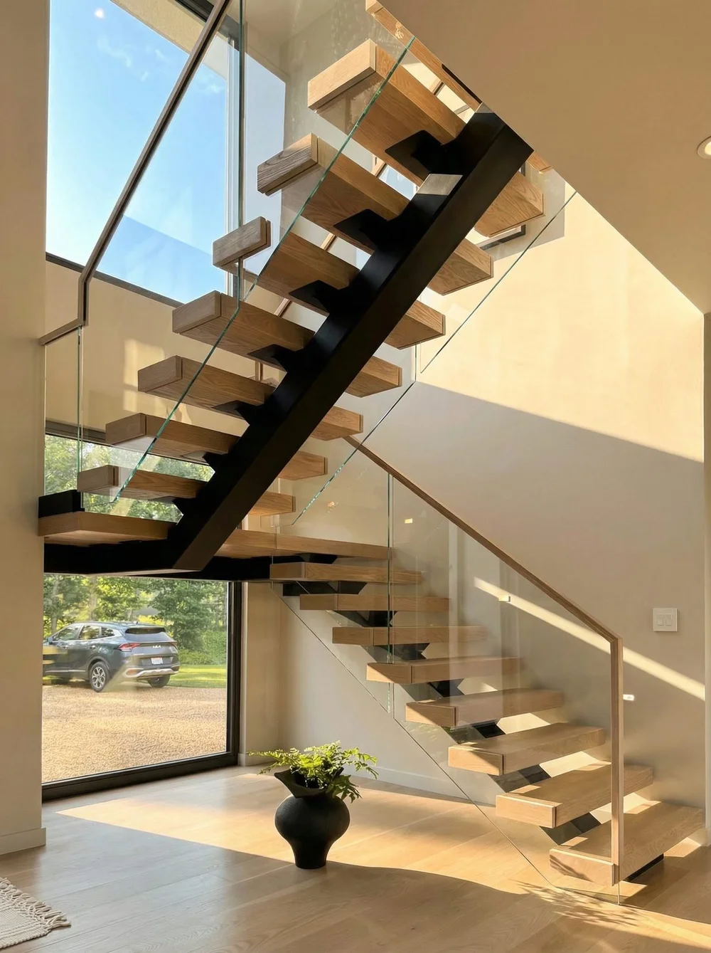 Oak treads on a black steel spine stringer with a frameless glass balustrade in front of a tall window