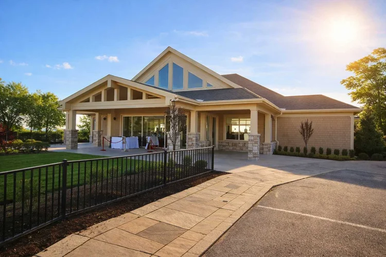 The Sunset Pavilion at Shoreby Club with a broad gabled roof, tall glazed gable and covered entry terrace