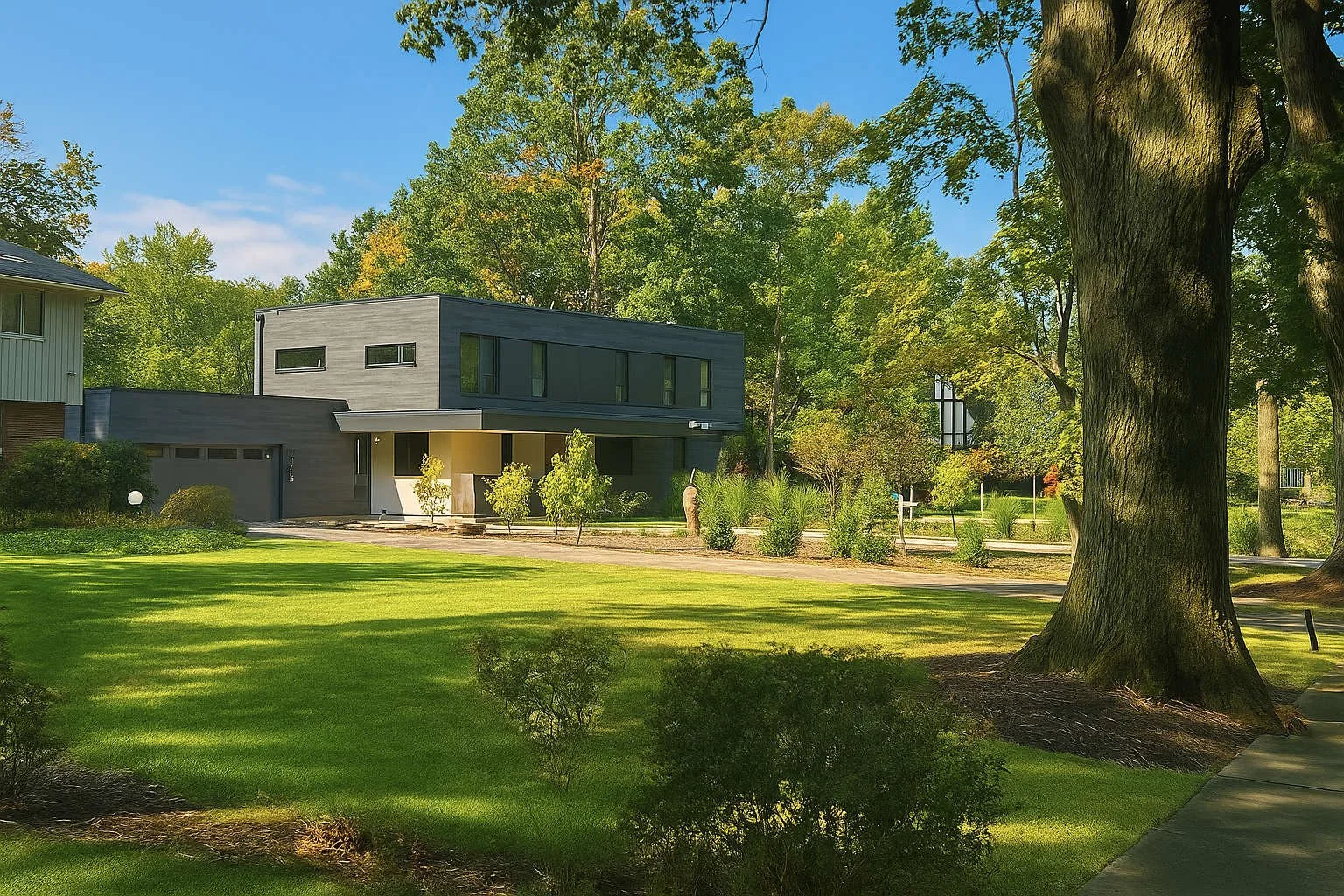 Modern two-story house with gray exterior, large trees, green lawn, and a clear blue sky in a suburban neighborhood.
