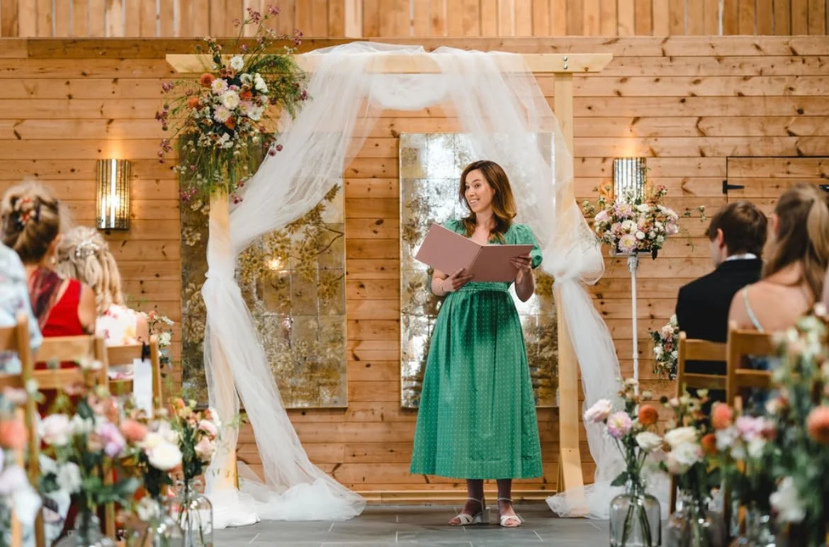 Surrey based independent wedding celebrant delivering a personalised wedding ceremony at Chafford Park, Kent. Photo: Parkershots