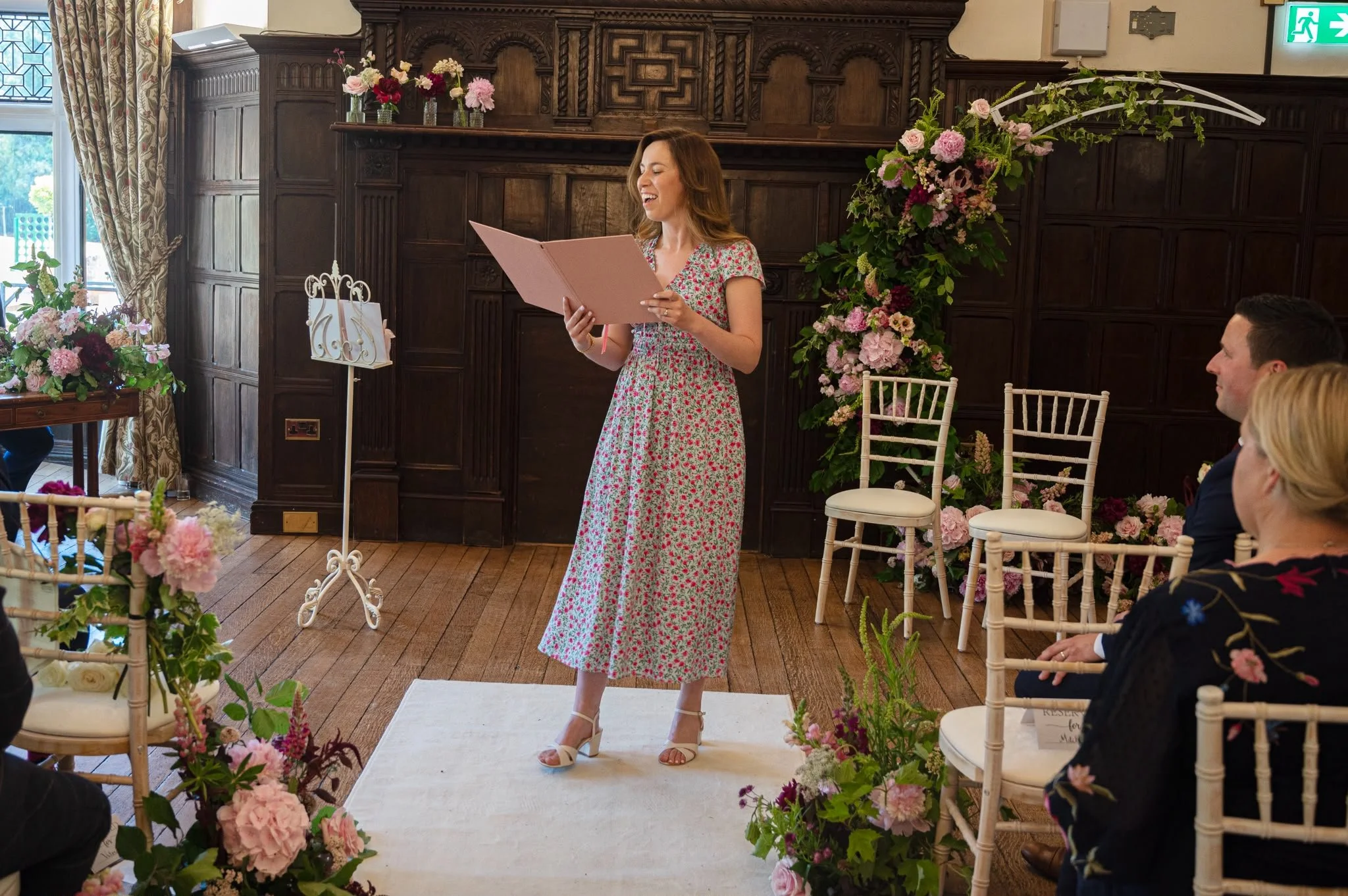 Independent Surrey wedding celebrant leading a relaxed and personalised wedding ceremony at Marden Park Mansion in Surrey. Photo: Emma Hall Photography