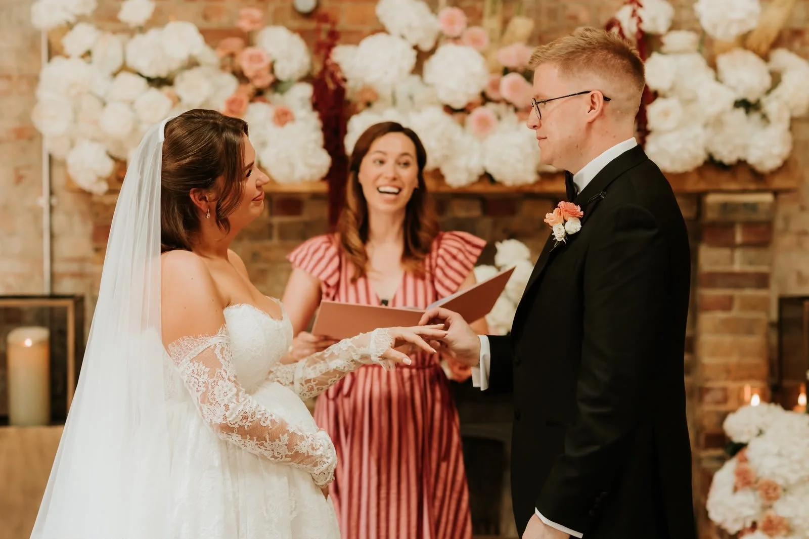 Wedding Celebrant in Surrey creates and delivers romantic wedding ceremony at Surrey Wedding, Botley Hill Barn. 
Photo: Hannah MacGregor Photo & Film 
