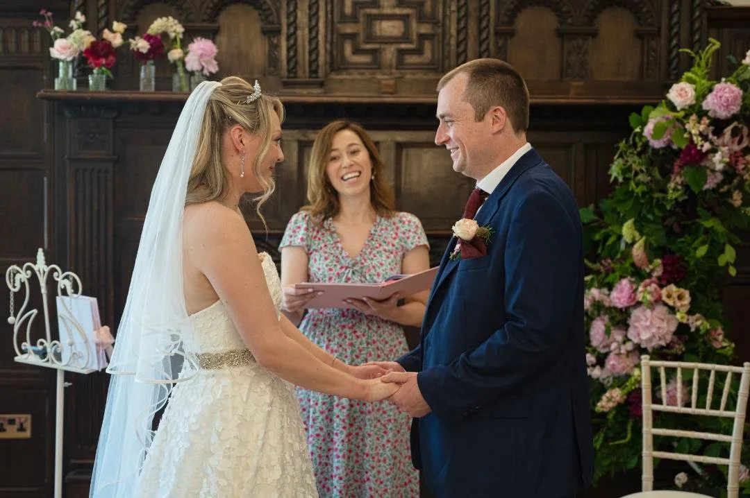 Surrey-based independent wedding celebrant at Marden Park Mansion, creating warm, personal and bespoke wedding ceremonies for couples celebrating at this elegant Surrey wedding venue.. Photo: Emma Hall Photography