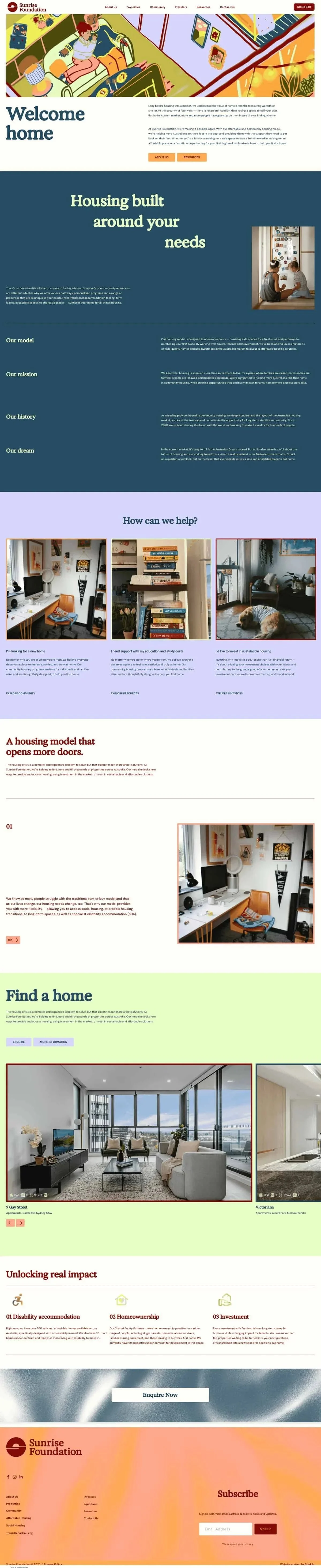 Website homepage for Sunrise Foundation featuring colorful illustrations of homes, a living room with a woman in bed, and interior images of cozy living spaces and rooms.