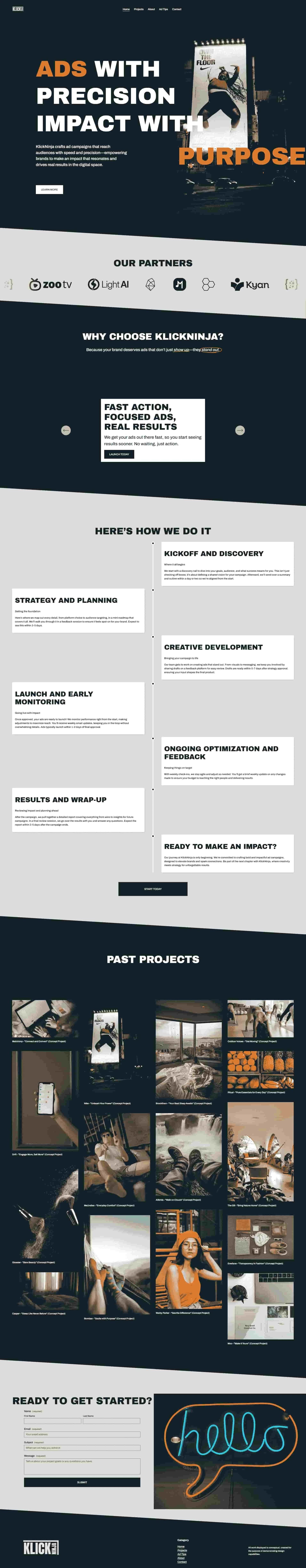 Screenshot of Click Ninja’s Squarespace portfolio website, featuring custom layouts to display case studies and projects with an interactive design.