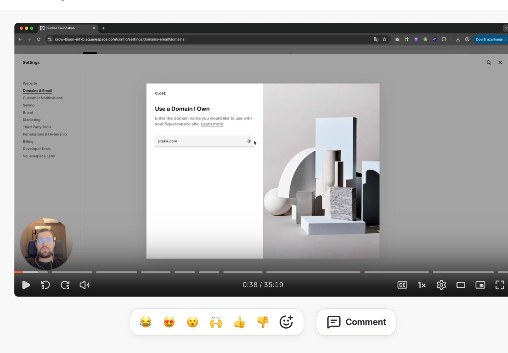 Screenshot of a computer screen showing Squarespace domain setup page with a popup window. The popup has an option to enter a domain name, with 'sitekik.com' typed in. The background of the page features abstract geometric objects in neutral colors.