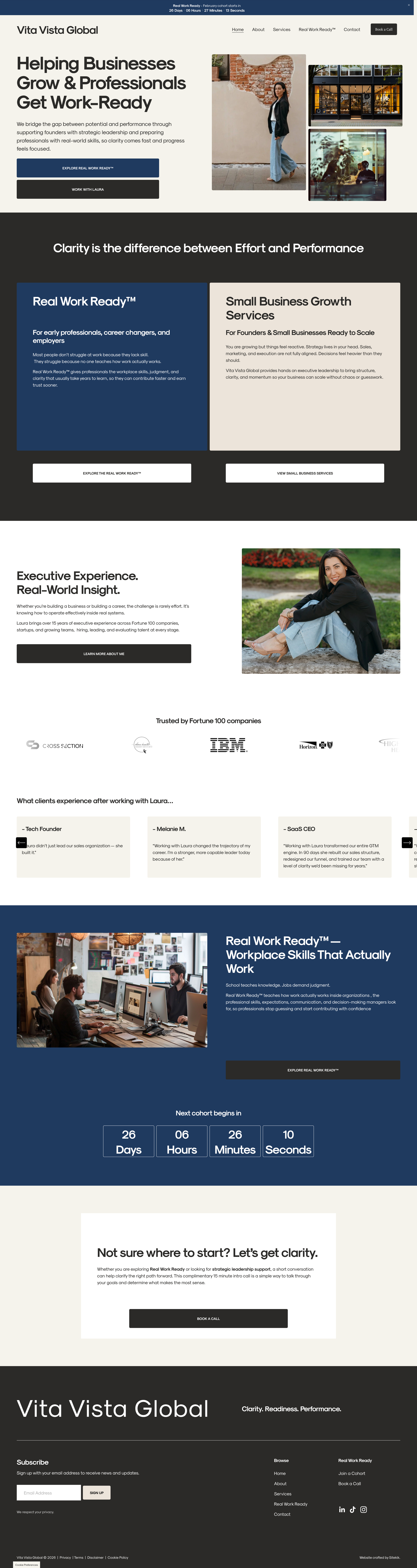 Website homepage for Vita Vista Global highlighting services for helping businesses grow and professionals get work-ready, featuring images of people in professional settings and office environments.