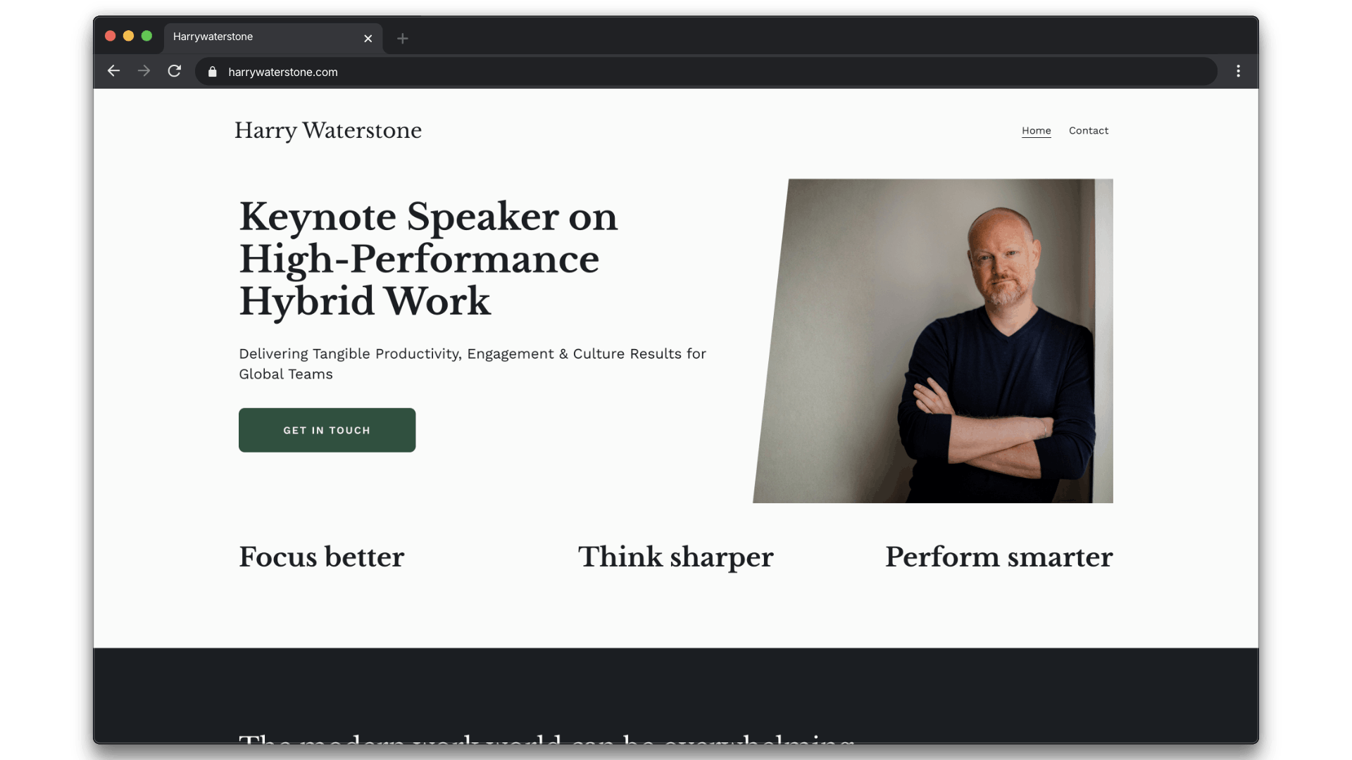 Hero section of Harry waterstone's website