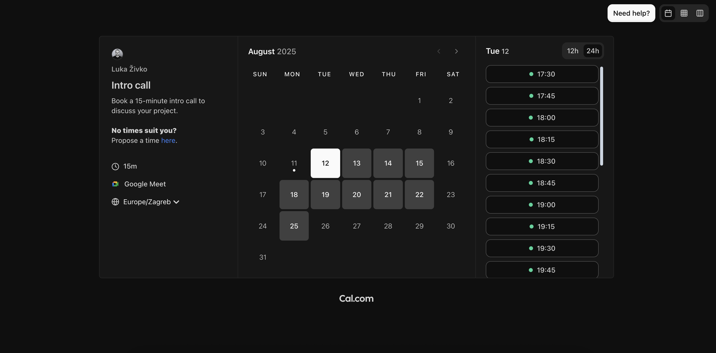 Online calendar and scheduling interface showing available times for an intro call on August 12, 2025, with options for 15-minute meetings between 17:30 and 19:45, and a sidebar with project details.