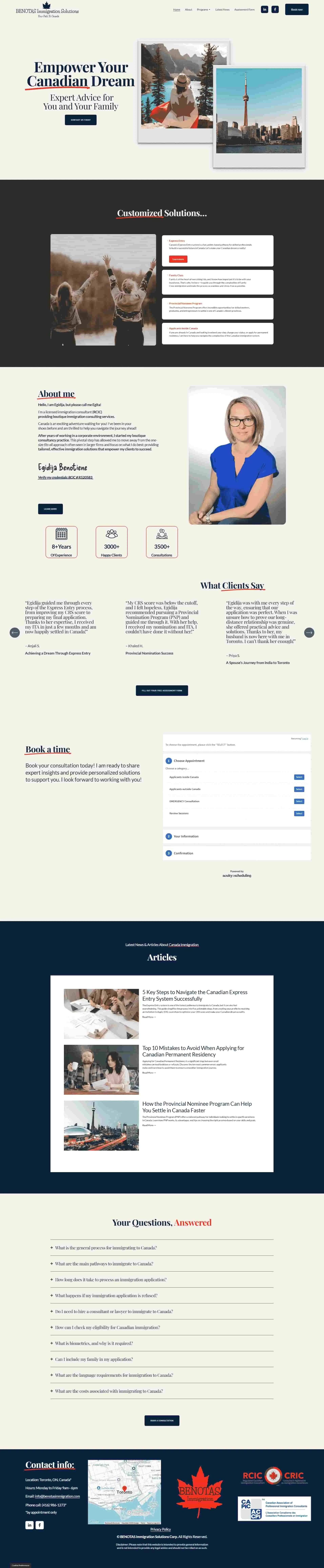 Screenshot of Benotas Immigration Solution's homepage, showcasing a clean and inviting Squarespace design with sections for services, about, and contact.