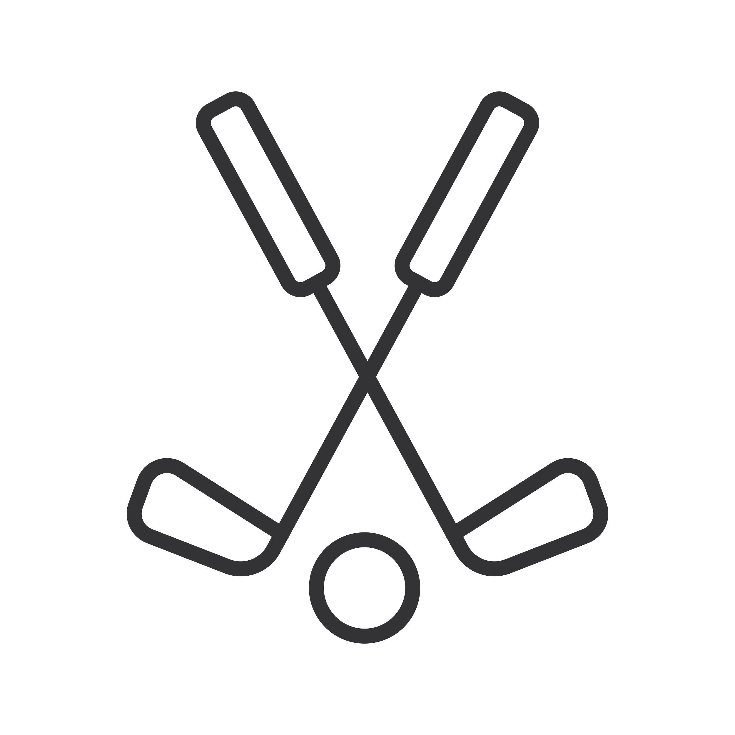 Outline drawing of two golf clubs crossed with a ball.