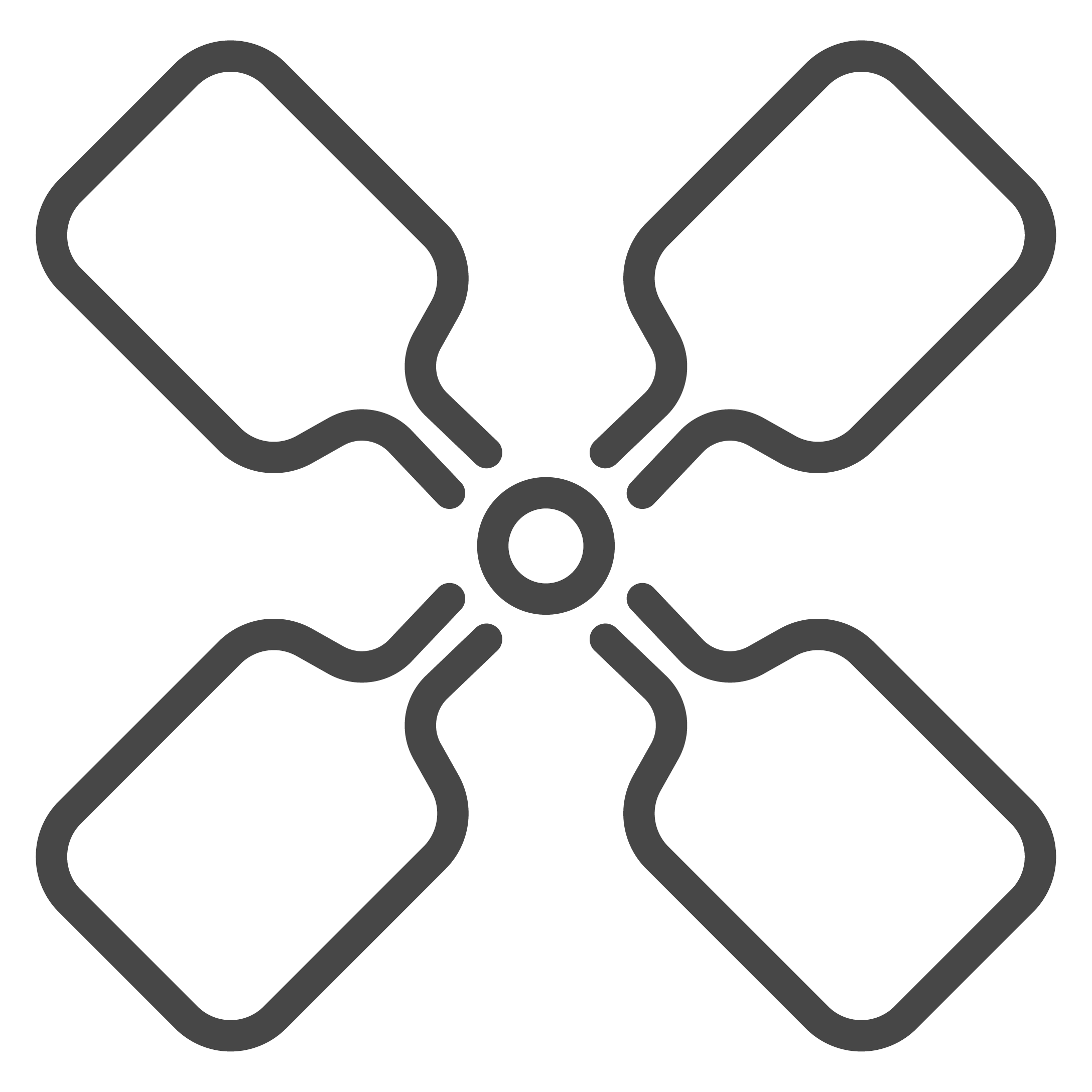 Line drawing of four pickleball paddles arranged in a circle.