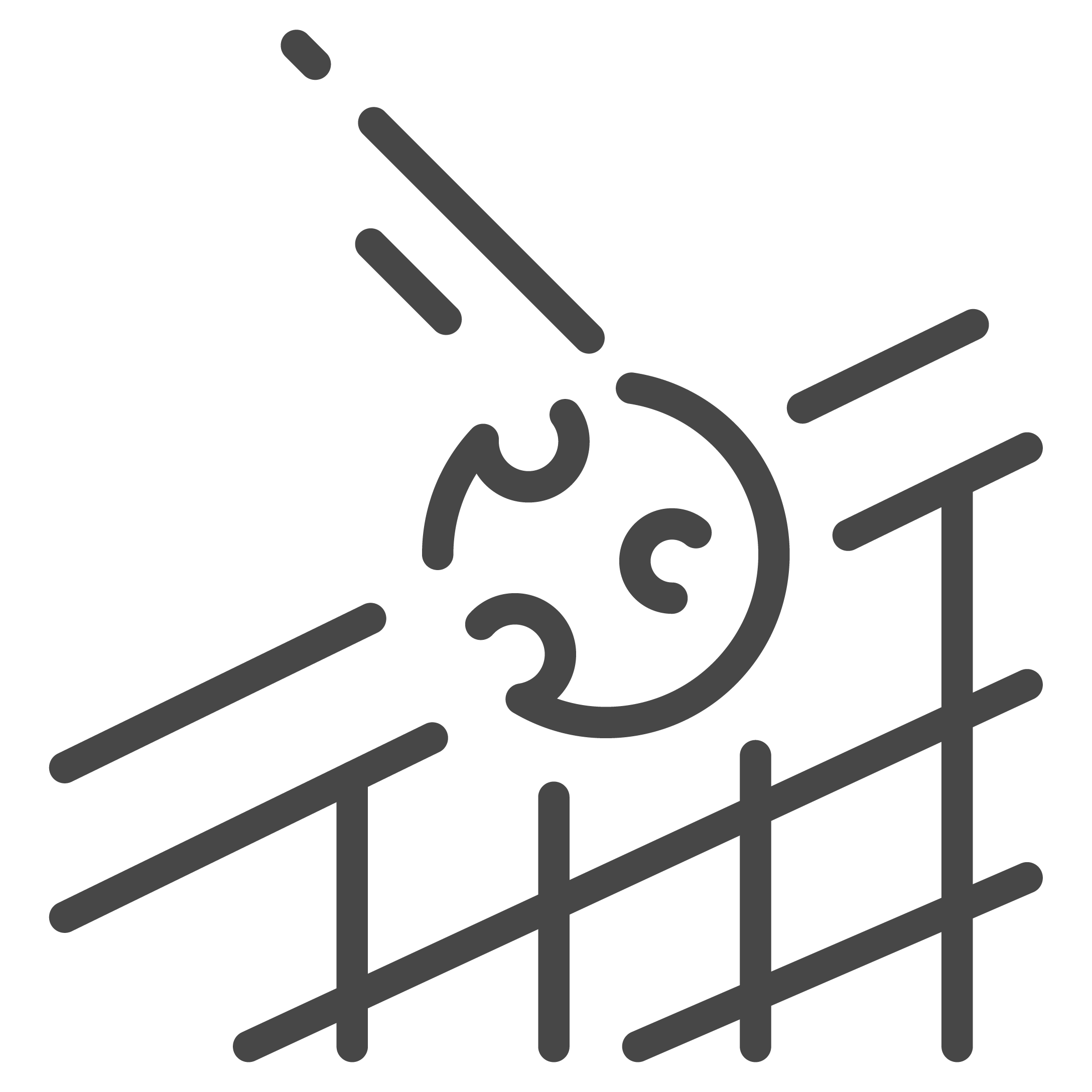 Line drawing of a pickleball flying over a net.