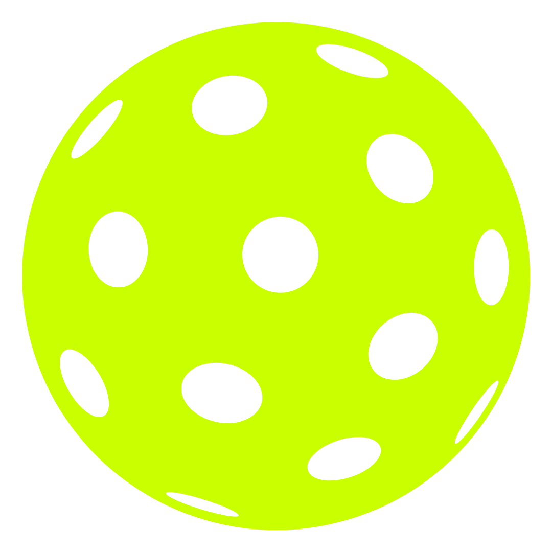 A bright yellow-green rendered 3D porous sphere with clear circular holes, representing a pickleball.