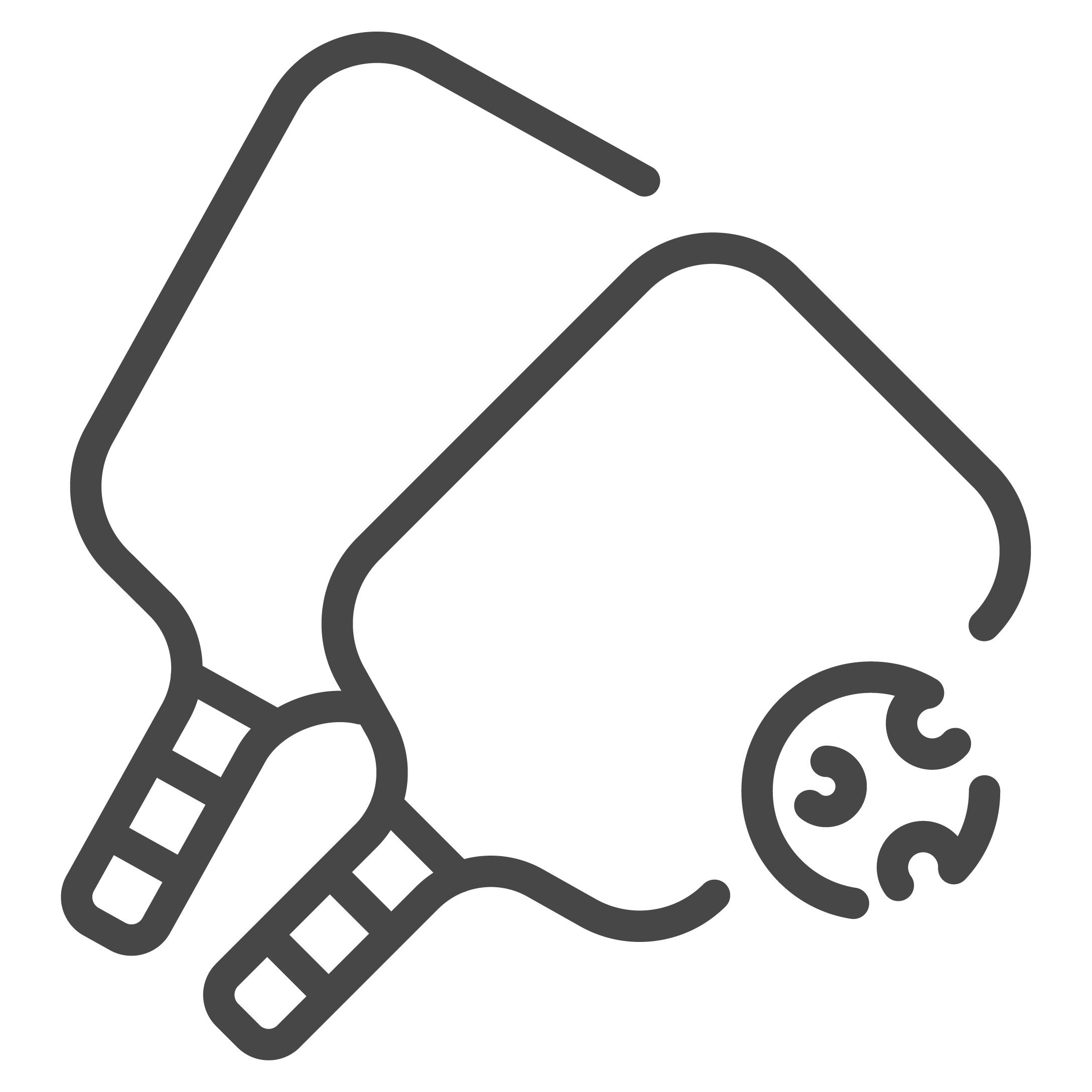 Outline drawing of two pickleball paddles and a ball.