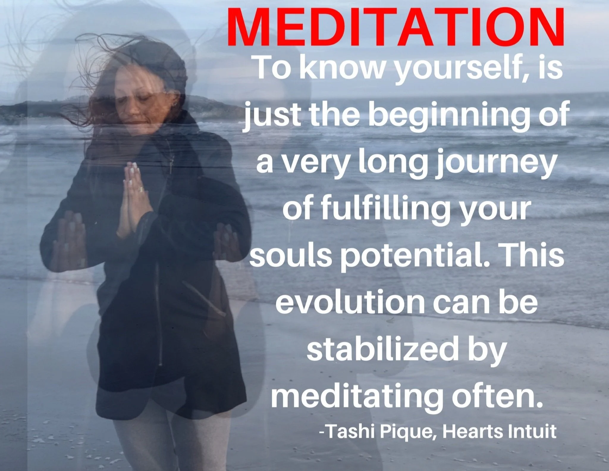 Woman practicing yoga on a beach, near the ocean, with a quote about meditation overlaying the image.