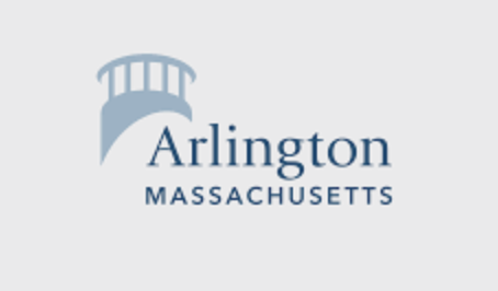 Logo of Arlington, Massachusetts, featuring a blue lighthouse silhouette above the town name and location.