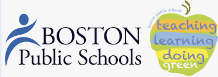 Logo of Boston Public Schools featuring a stylized figure and an apple with the words 'teaching,' 'learning,' 'doing,' and 'green' written on it.