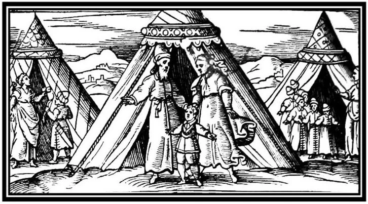 Image of a woodcut from the 1609 Venice Haggadah showing thefamily of Abraham dressed as 1600s Venetians.