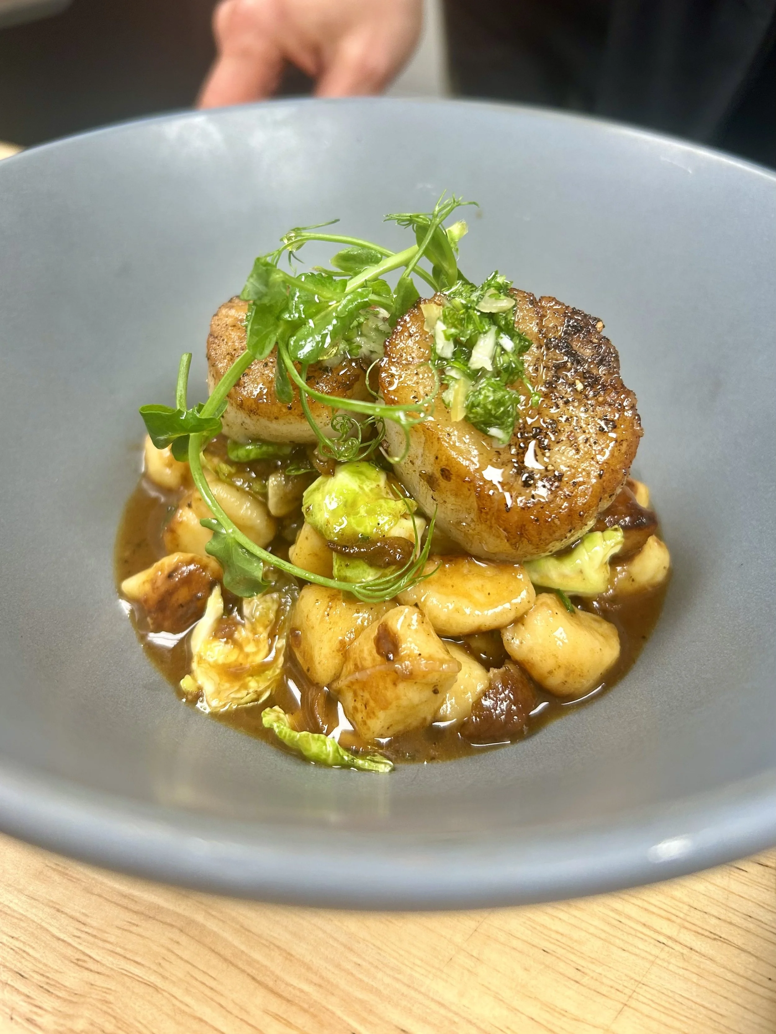A plated gourmet dish featuring a seared scallop on top of gnocchi, garnished with microgreens and chopped herbs, served in a gray bowl on a wooden surface.