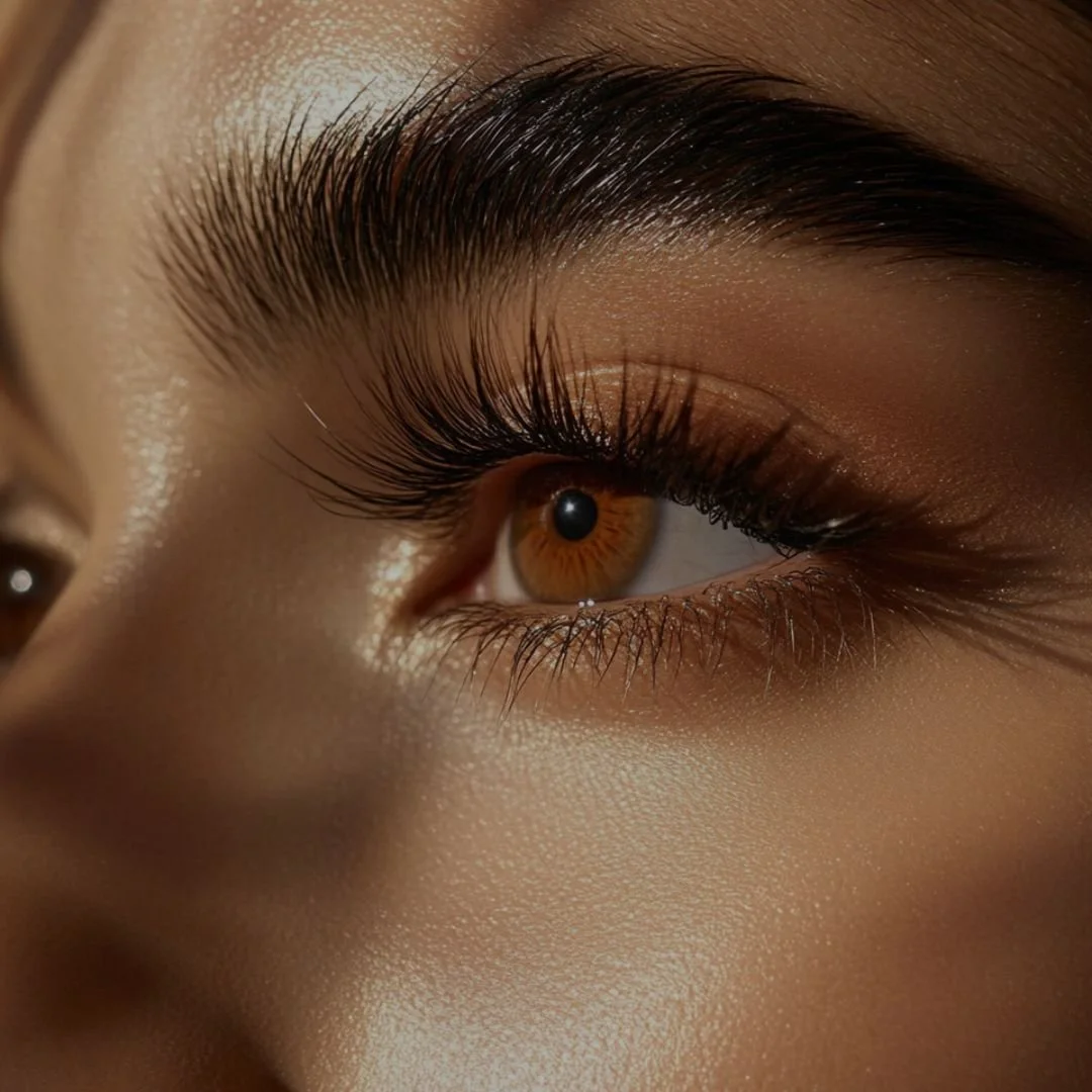 Close-up of an eye with long, voluminous lash extensions and perfectly shaped brows, highlighting expert lash extension and brow services at The Lab Co Toronto.