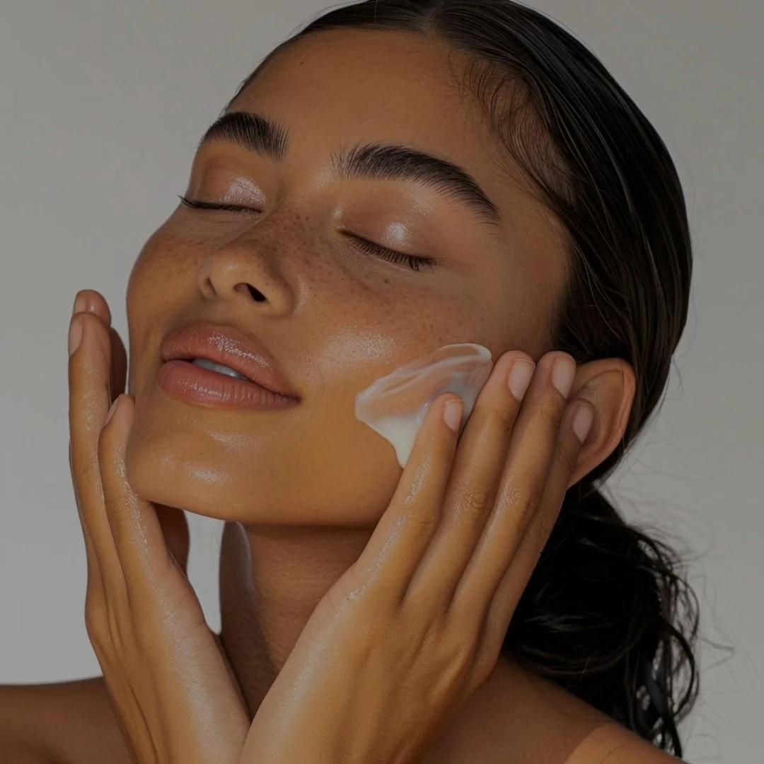 Close-up of a person gently massaging skincare cream onto glowing, dewy skin — representing The Lab Co Toronto’s customized facial treatments, including microneedling, dermaplaning, and advanced exfoliation for smoother, brighter, and healthier skin.