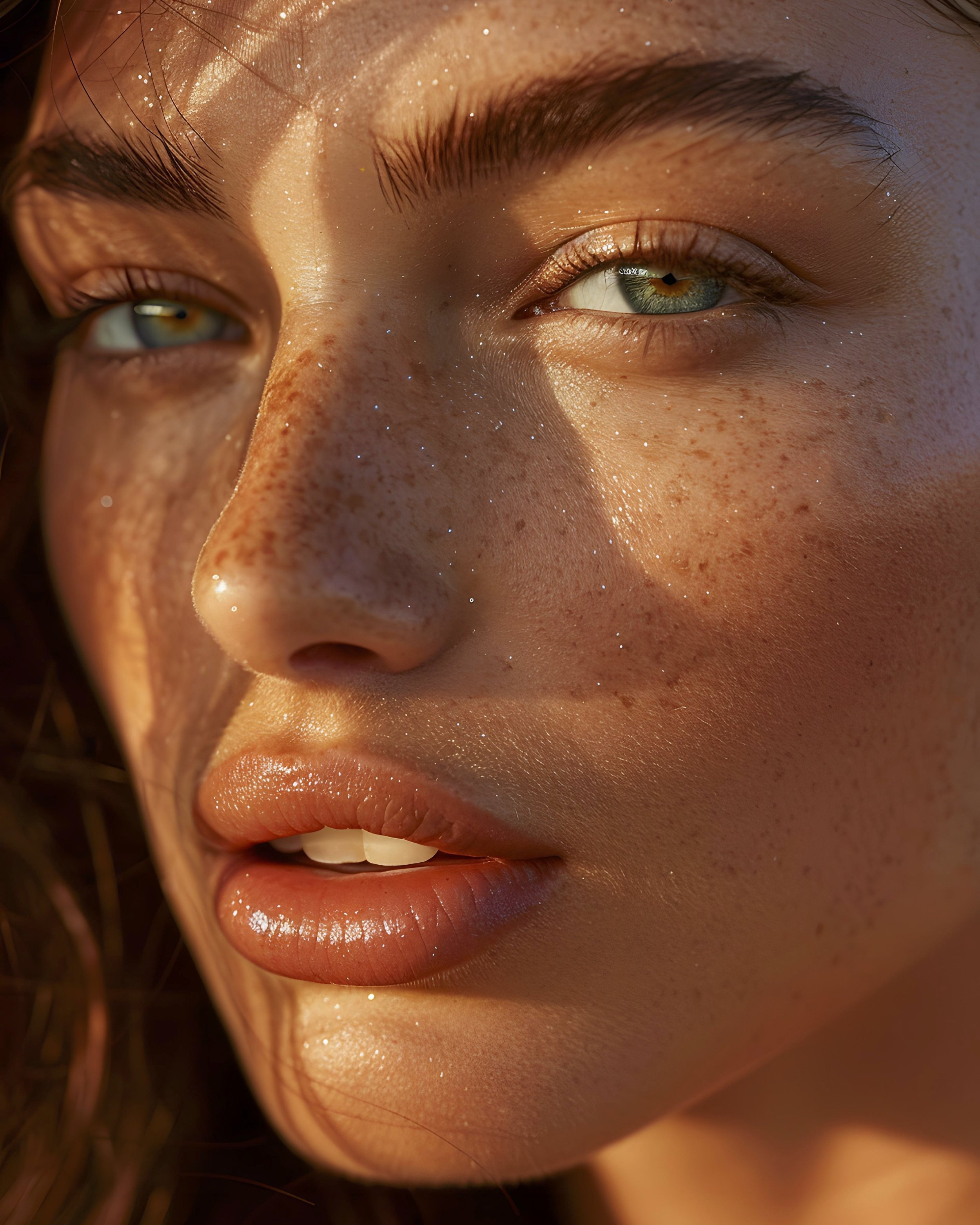 A close up of a person’s face with sunlit freckles, glossy skin, and softly defined lips, creating a warm and radiant complexion. The image highlights healthy, glowing skin, representing the expert skincare services at The Lab Skin Science Toronto.