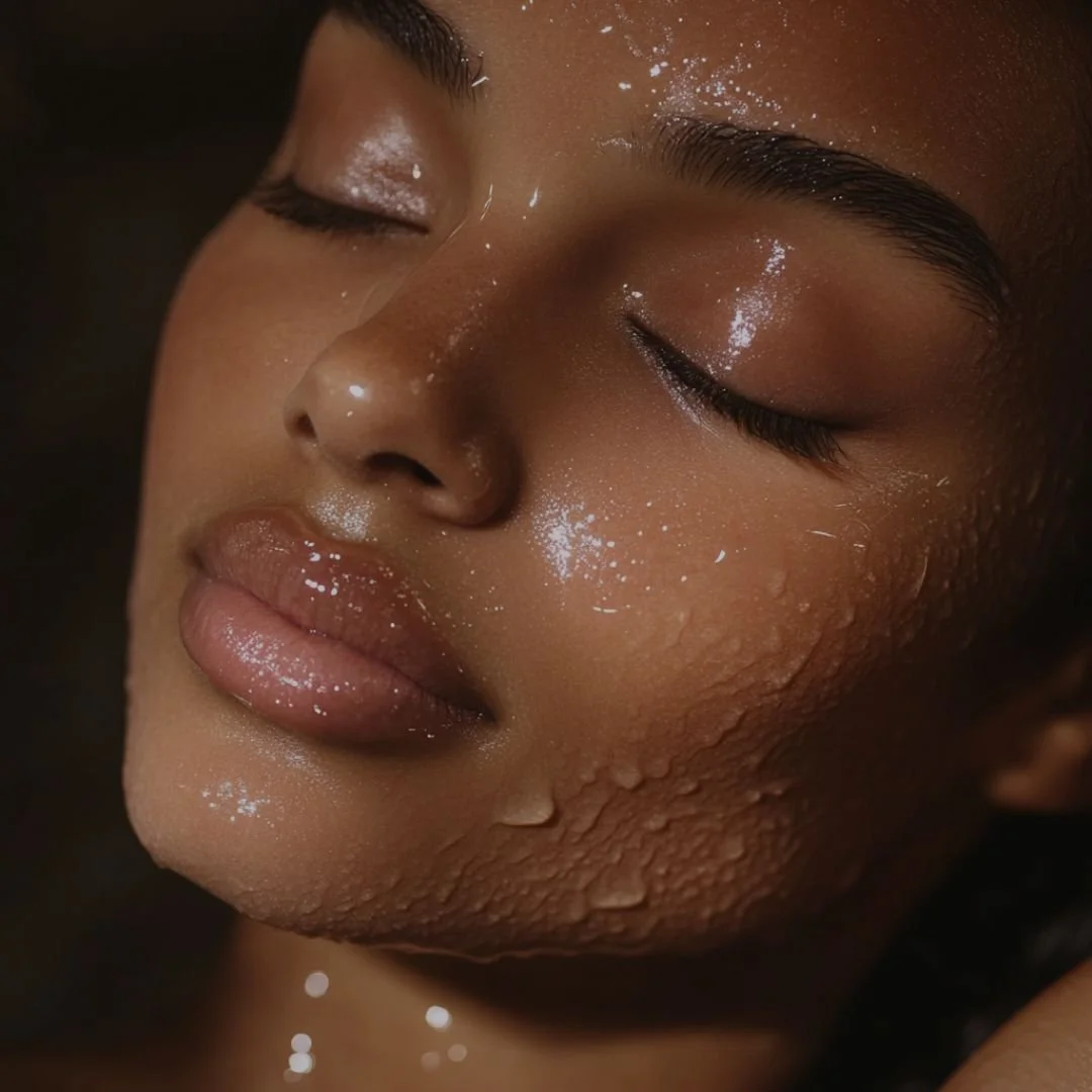 A close-up of a woman’s face with dewy, hydrated skin and water droplets — highlighting dry-skin relief treatments available at The Lab Co Toronto.