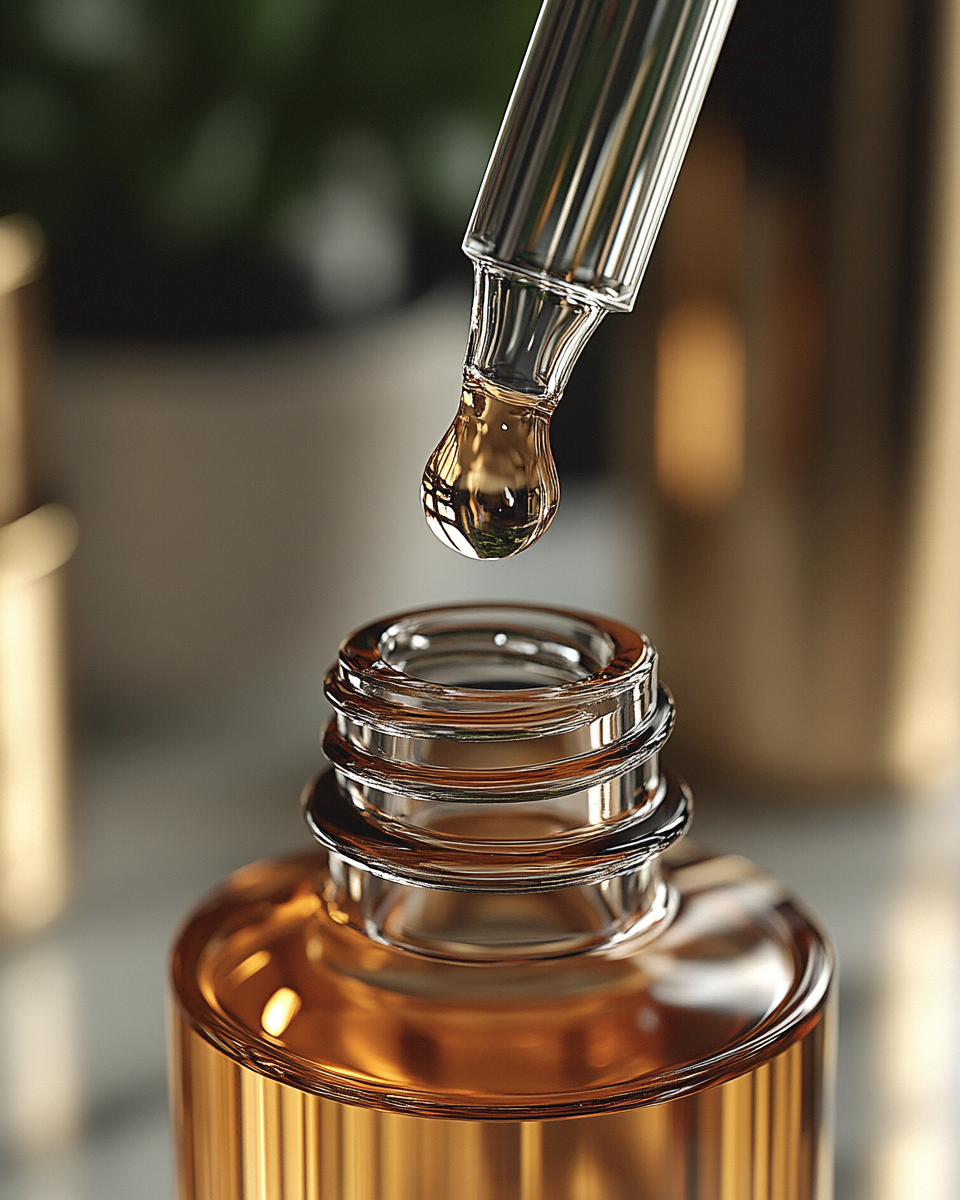 Close-up of a glass dropper releasing golden serum with air bubbles, symbolizing The Lab Co Toronto’s use of advanced biotechnology and clinical-grade skincare formulations for effective, results-driven treatments.