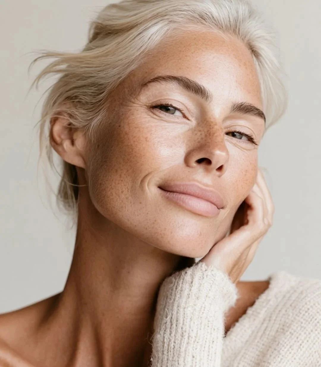 An image of a lady with a sharp jawline and smooth skin smiling with her hand placed on her cheek, showcasing the incredible results of a 50% off non-surgical face lift at The Lab Skin Science Toronto.