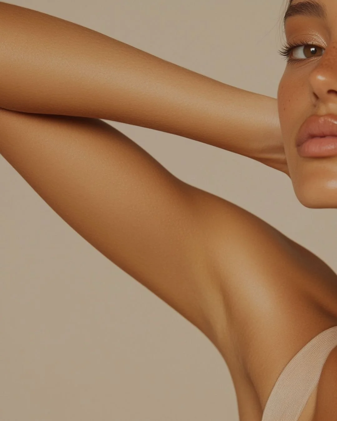 Close-up of smooth underarm and flawless skin, representing affordable, painless, pay-as-you-go laser hair removal services at The Lab Co Toronto.