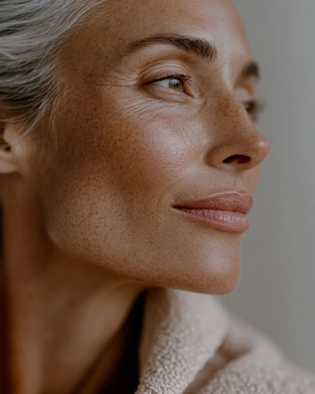 Close-up of a woman with radiant, healthy skin and soft expression, representing rejuvenating facial and skincare treatments offered at The Lab Co Toronto.