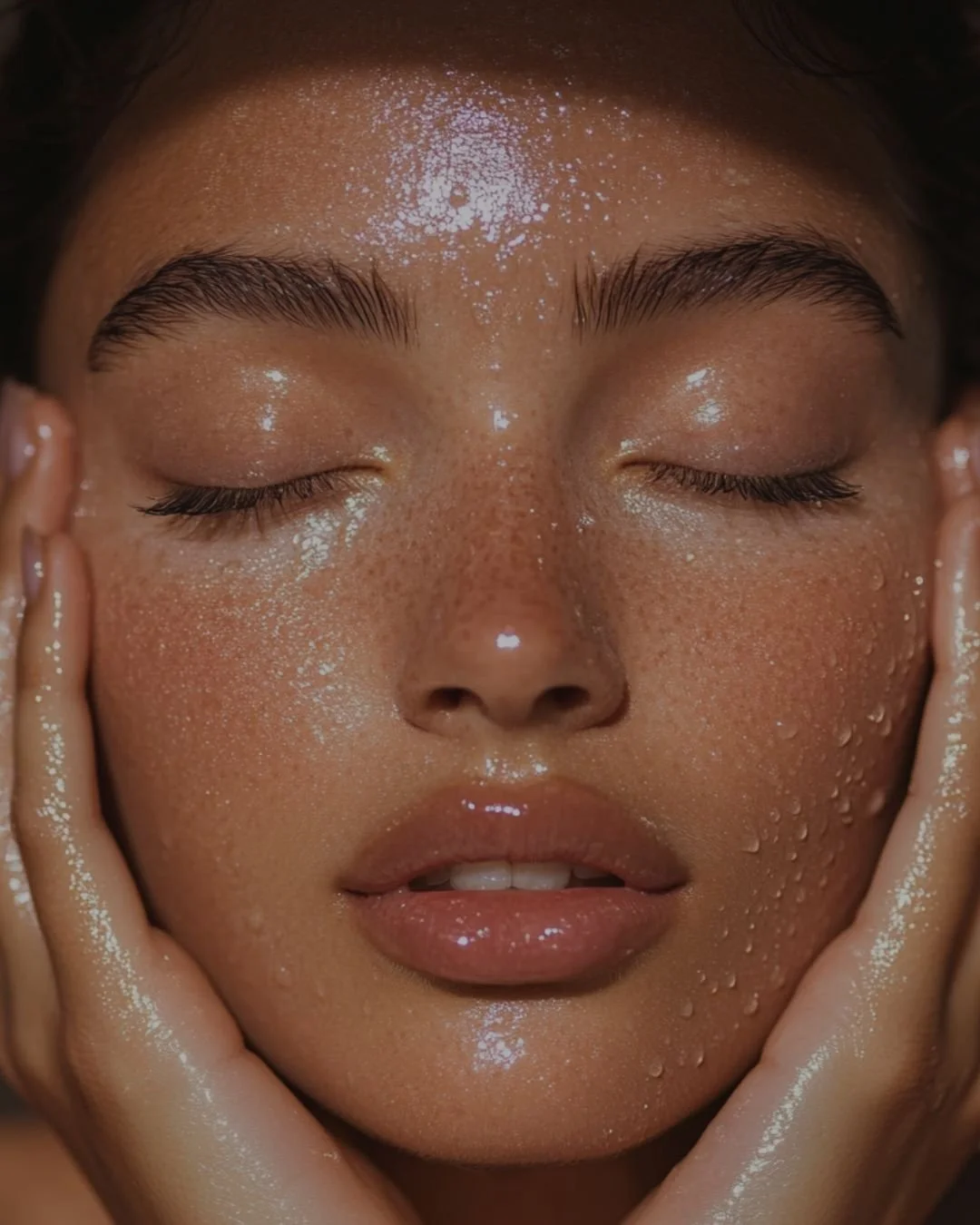 Close-up of a person with glowing, hydrated skin and water droplets on their face — representing The Lab Co Toronto’s Hydrafacial treatment for deep cleansing, exfoliation, and intense hydration that restores natural radiance.