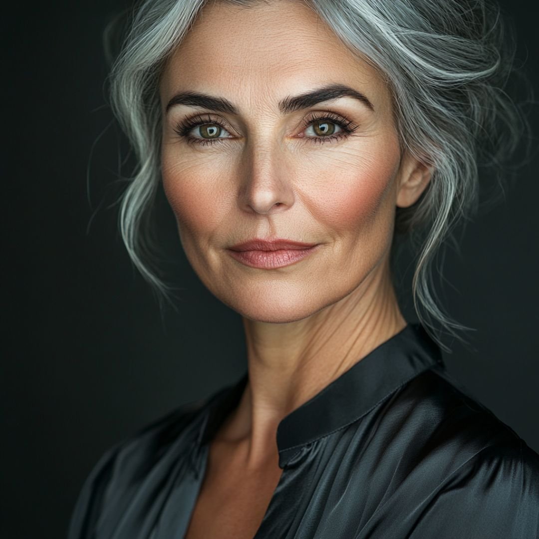 A confident woman with smooth, luminous skin and natural silver hair looks into the camera — highlighting anti-aging results achieved with IPL photofacials at The Lab Co Toronto.
