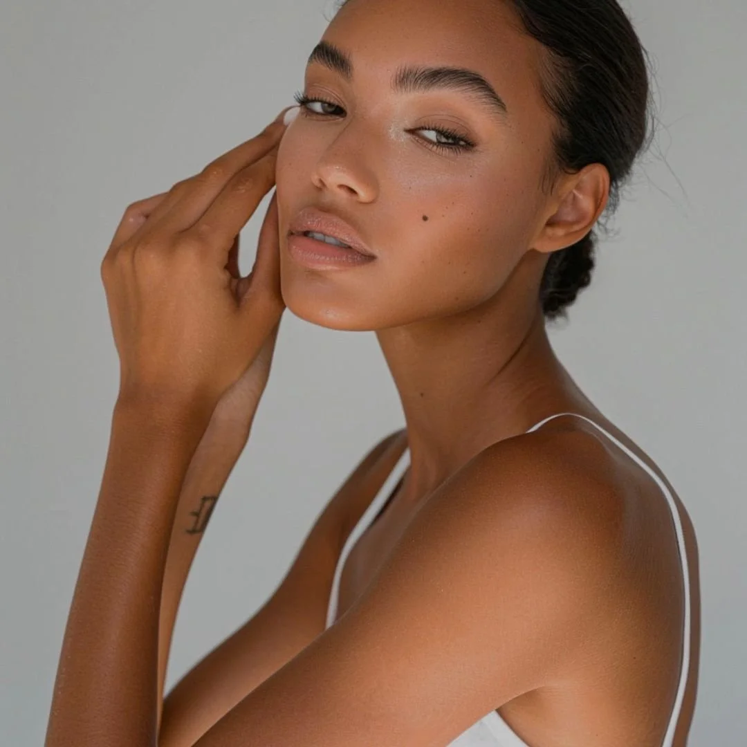 A person with smooth, lifted facial features gently touches the side of their face showing a naturally sculpted look. The image reflects the refined, youthful results associated with a non surgical face lift at The Lab Skin Science Toronto.
