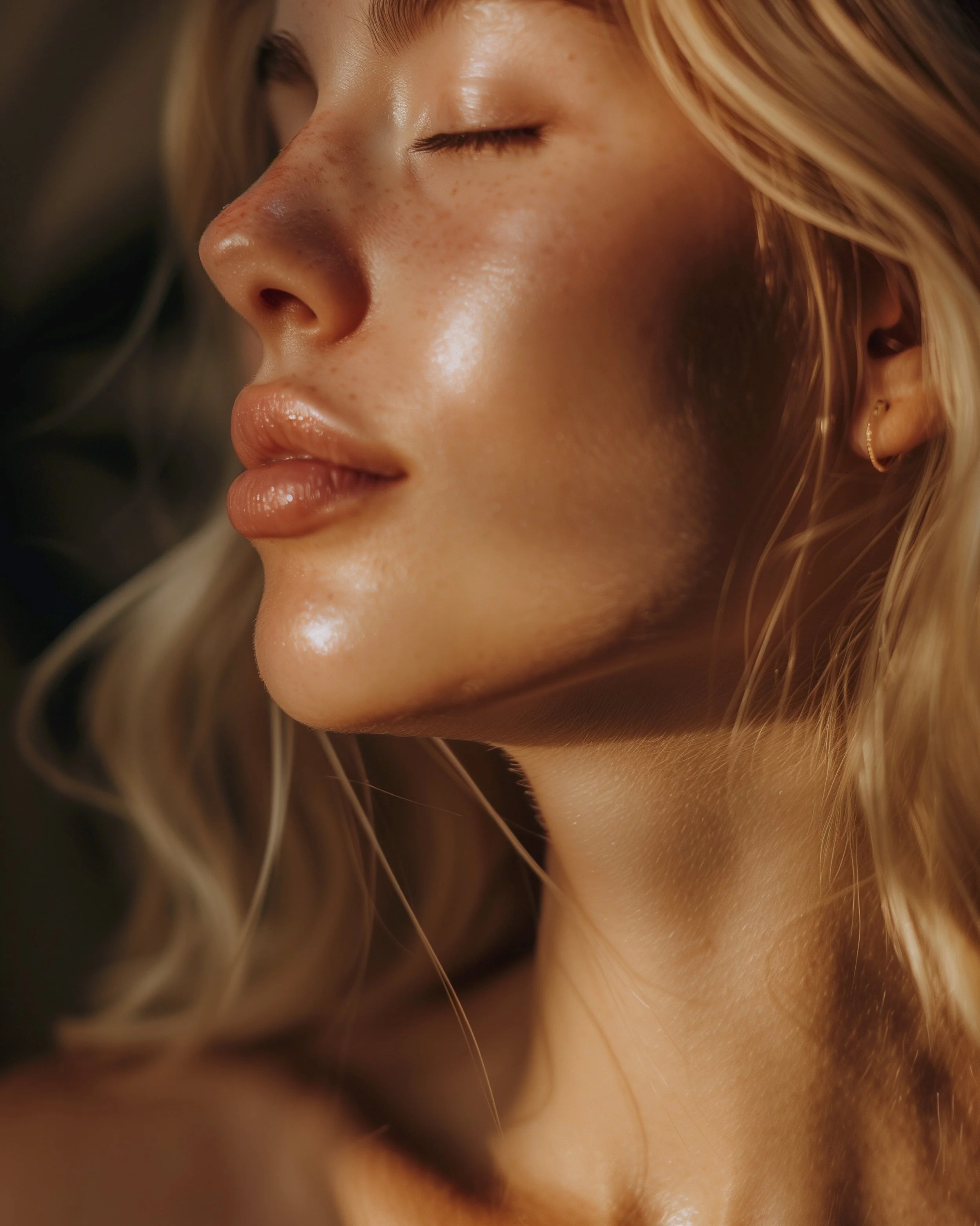 A close-up of a woman’s face with dewy, glowing skin as she tilts her head and closes her eyes in warm light, highlighting smooth texture and soft freckles, representative of the Fountain of Youth Facial at The Lab Skin Science Toronto.