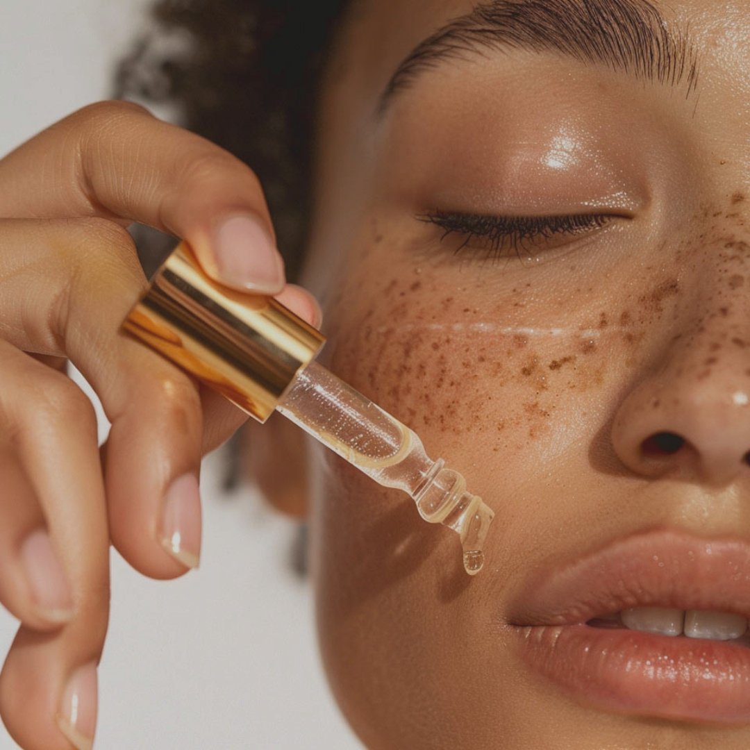 A close up of a person applying serum to their cheek with a gold dropper, showing smooth, freckled skin. The image highlights glowing hydration associated with The Lab Skin Science Toronto.