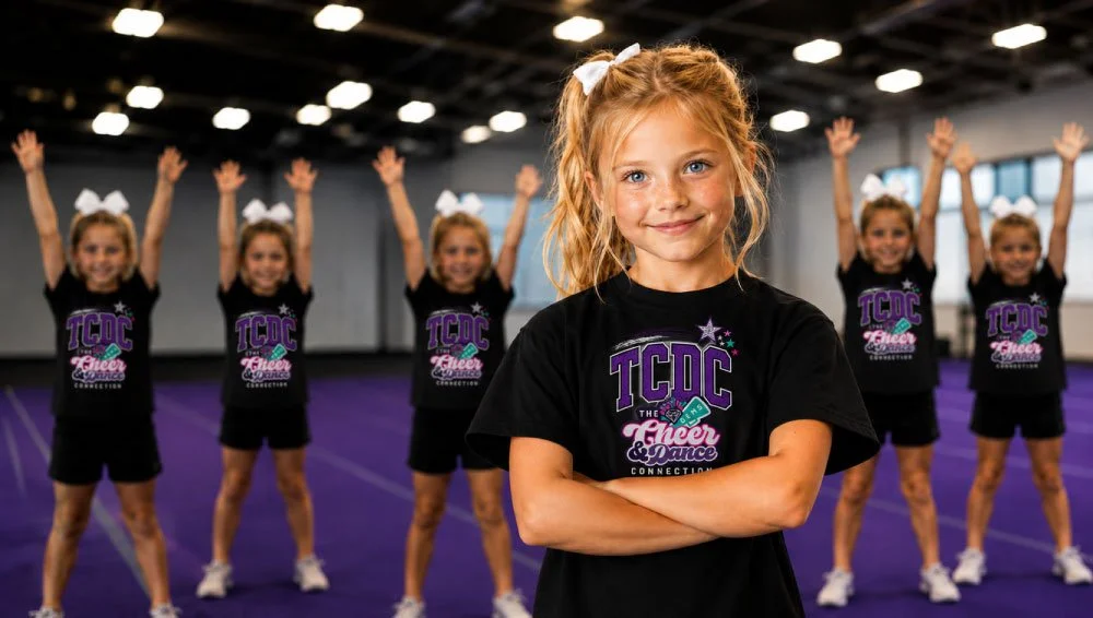 A young girl with red hair and a white bow smiling with arms crossed in front of her, standing in front of five cheerleaders with raised arms in a gymnasium with purple flooring.