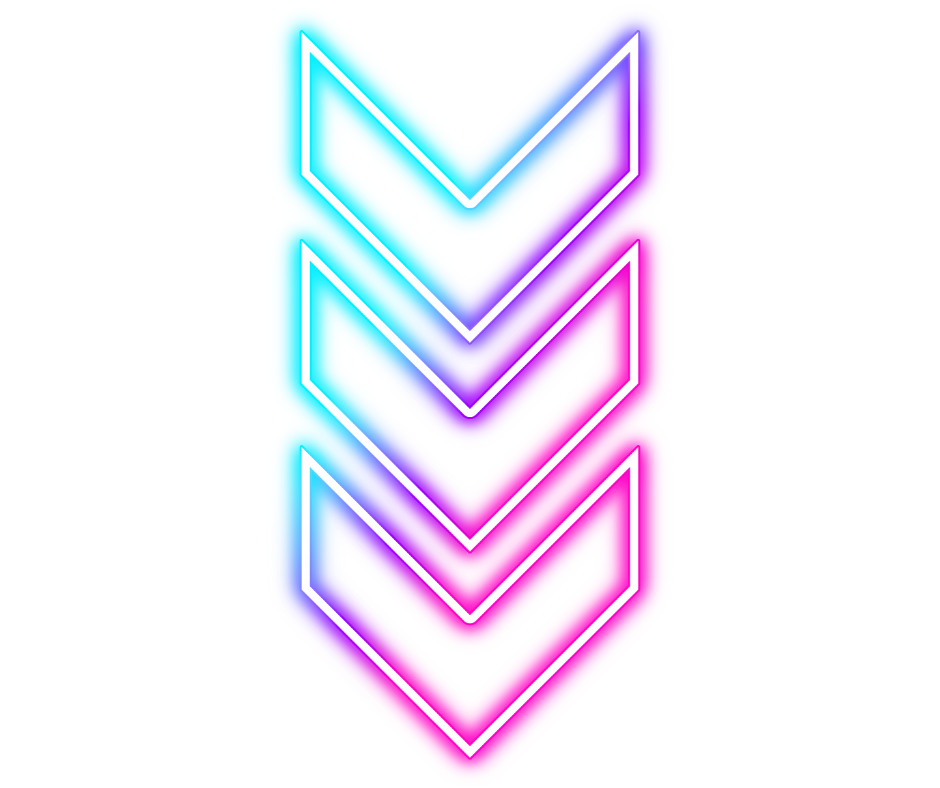 Neon sign with multiple arrow shapes in rainbow colors on a black background.