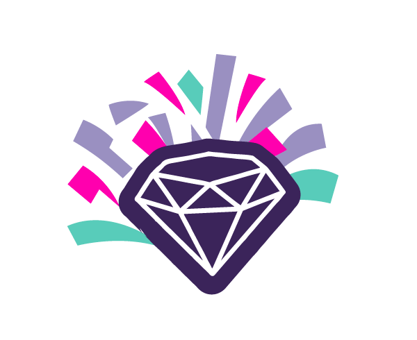 A stylized graphic of a diamond with colorful abstract shapes around it on a black background.