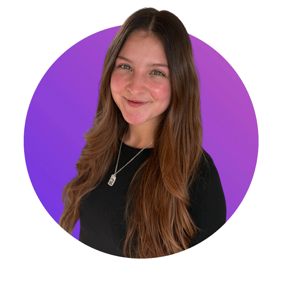 A young woman with long brown hair smiling, wearing a black top and necklace, against a purple circular background.