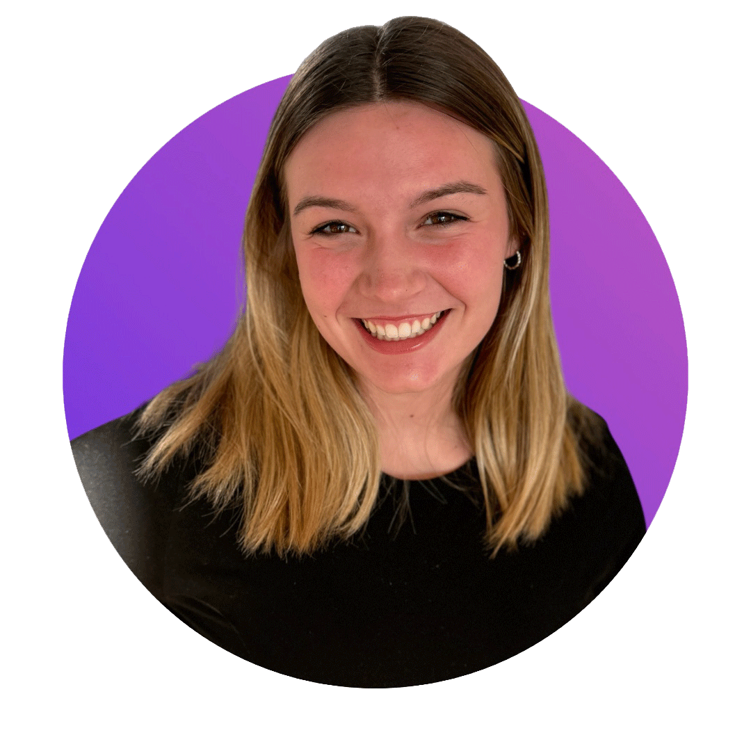 A young woman with shoulder-length blonde hair, smiling with teeth showing, wearing a black top and small hoop earrings, against a purple circular background.