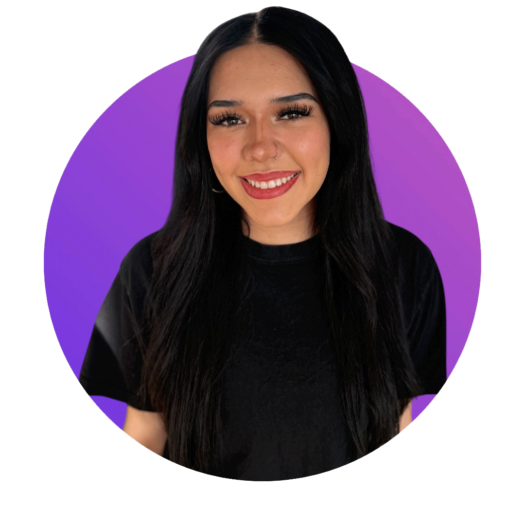 A young woman with long dark hair, wearing a black shirt, smiling, against a purple background.